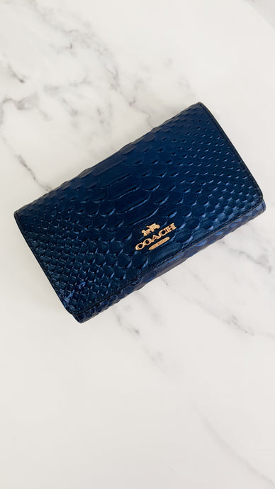 Coach 1941 Snake Embossed Metallic Dark Blue Leather Crossbody Bag Clutch with Gold Chain