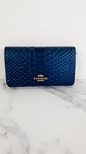 Coach 1941 Snake Embossed Metallic Dark Blue Leather Crossbody Bag Clutch with Gold Chain