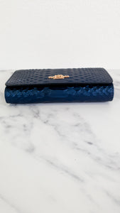 Coach 1941 Snake Embossed Metallic Dark Blue Leather Crossbody Bag Clutch with Gold Chain