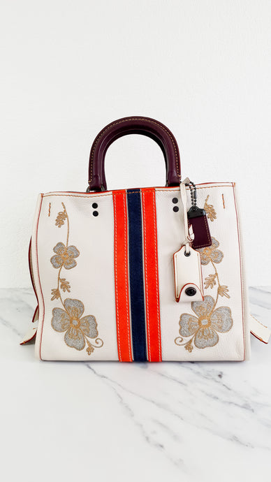 Coach 1941 Rogue 31 in Chalk with Western Embroidery Flowers & Varsity Stripe - Satchel Handbag Coach 57230