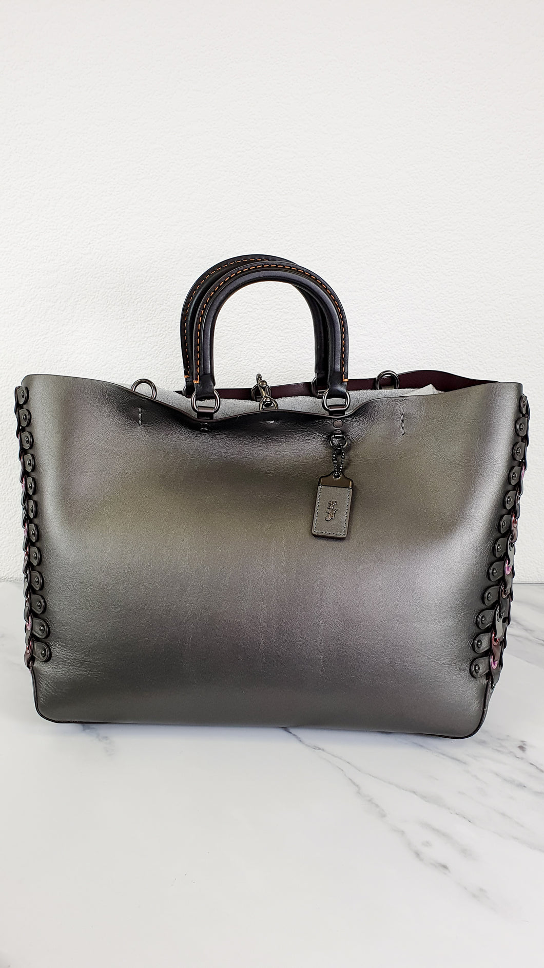 Coach 1941 Rogue Tote Bag With Links in Graphite Metallic Grey Smooth Leather Handbag Shoulder Bag - Coach 26887