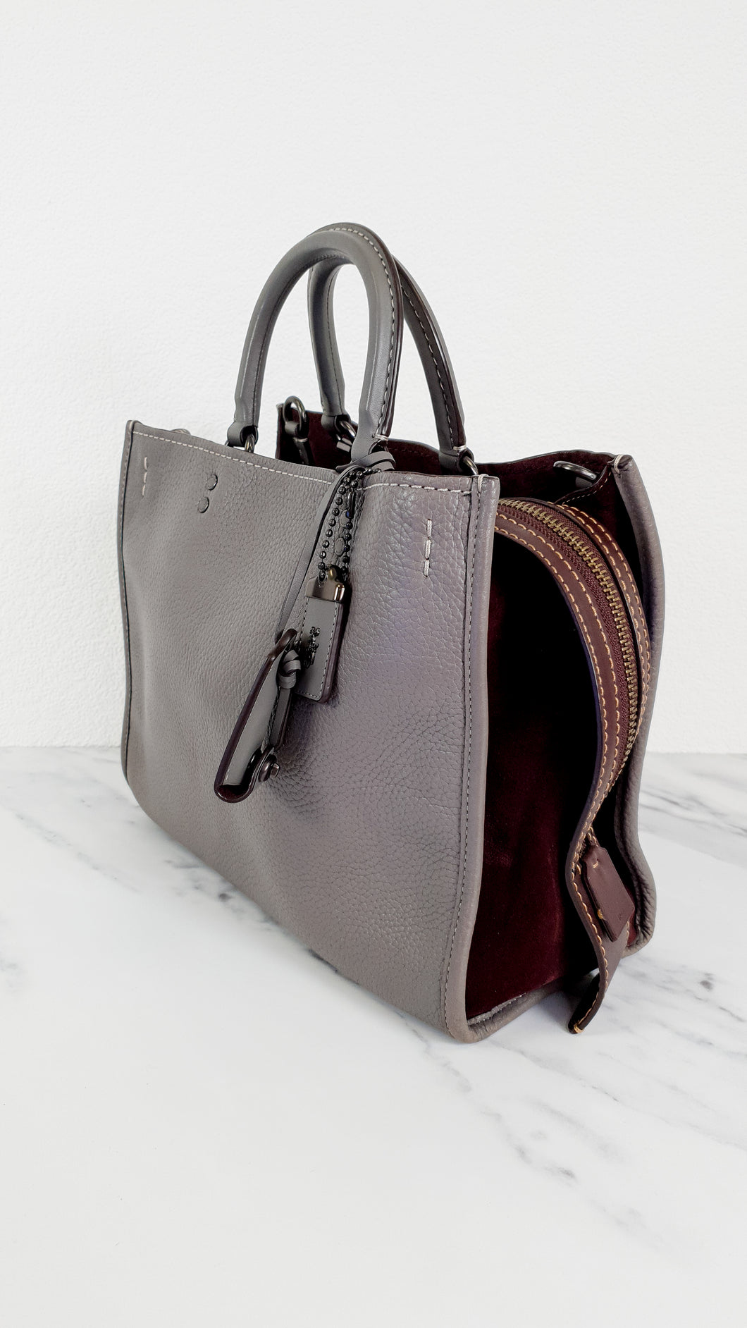 Coach 1941 Rogue 31 in Heather Grey Pebbled Leather with Oxblood Suede Sides Colorblock - Satchel Handbag - Coach 23755