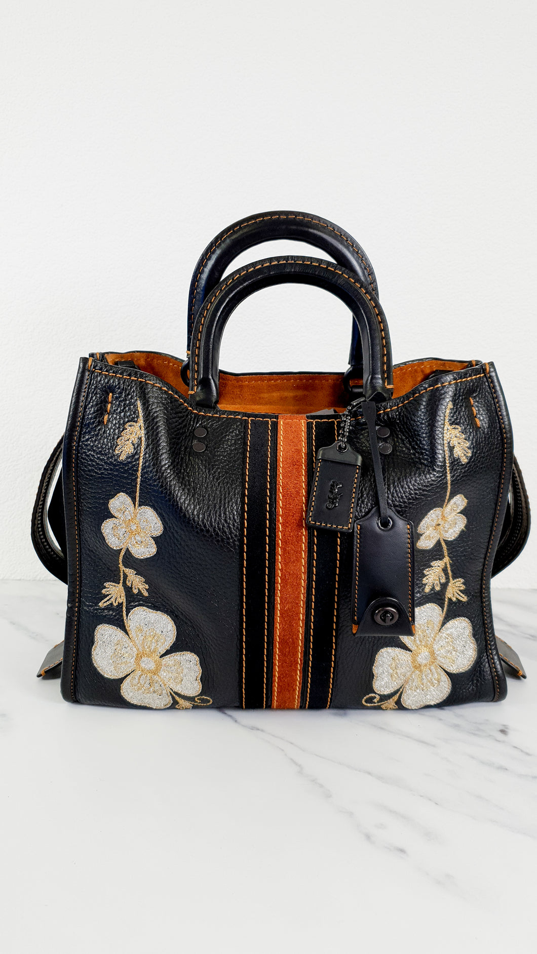 Coach 1941 Rogue 31 in Black with Western Embroidery Flowers & Varsity Stripe - Satchel Handbag Coach 57230