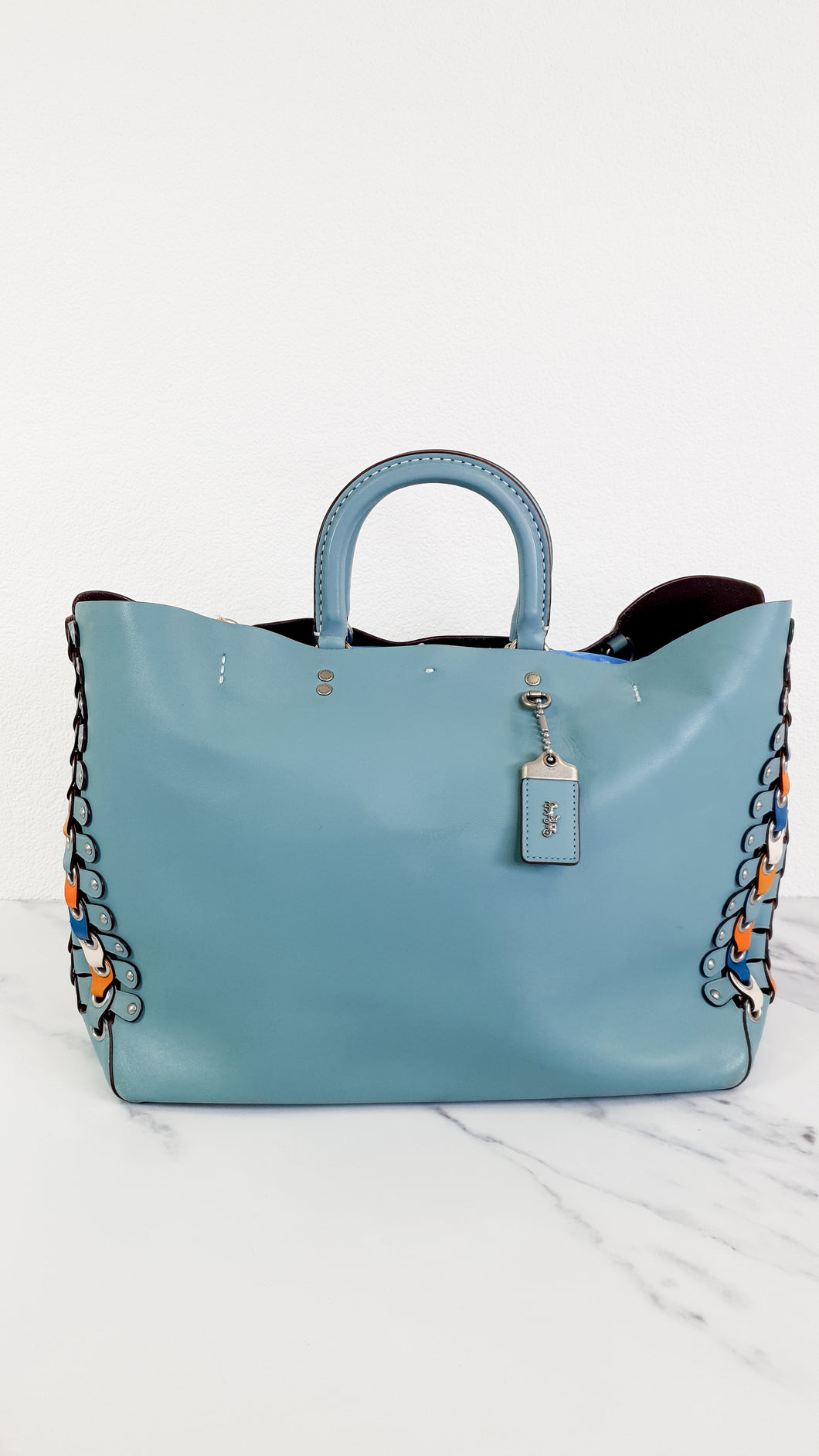 Coach 1941 Rogue Tote Bag With Links in Steel Blue Smooth Leather Handbag Shoulder Bag - Coach 86809