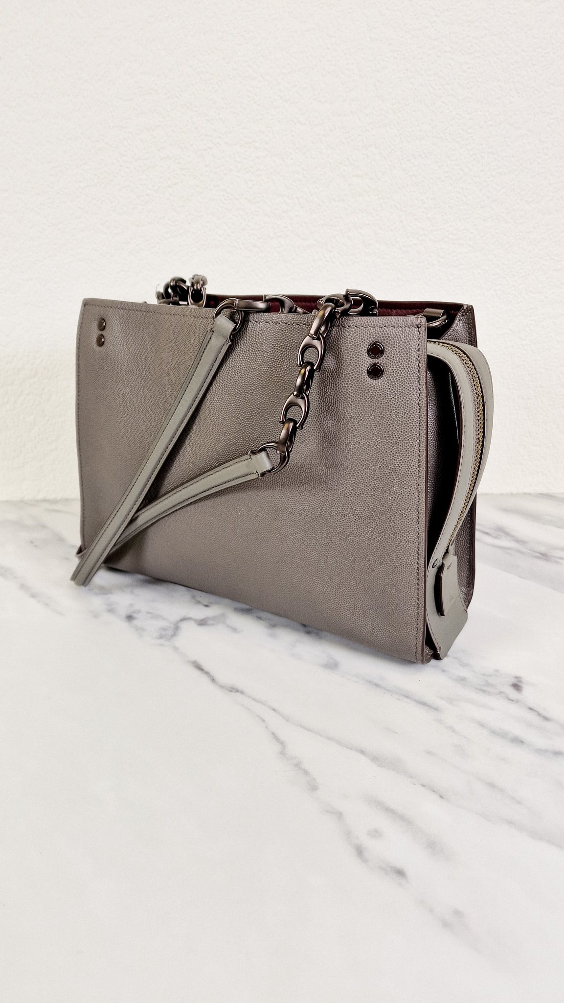 Coach Rogue Shoulder Bag in Grey Grain Leather with Oxblood Lining