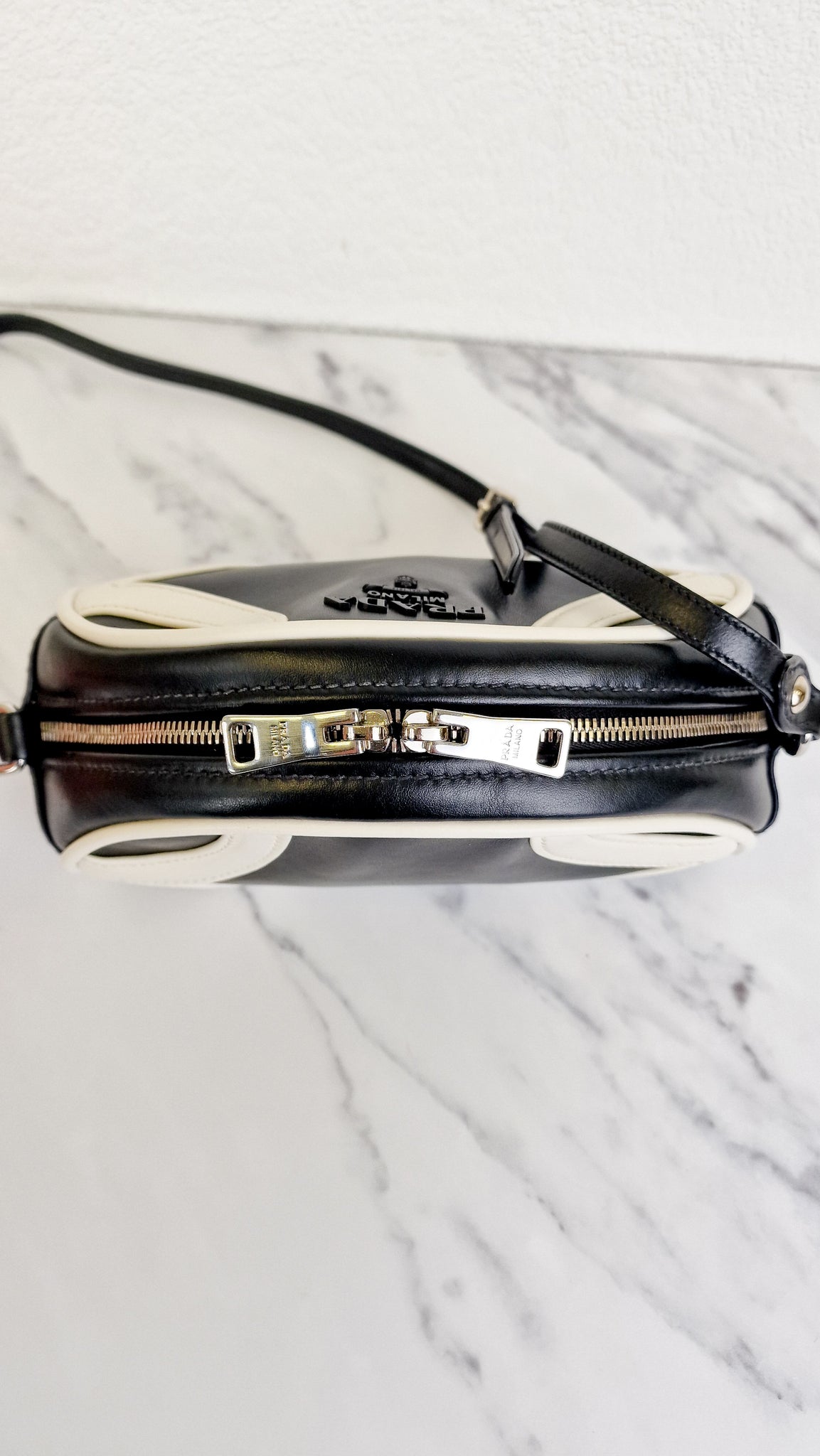 Prada Bowling Bag in Black & White Smooth Leather Resort 2020 - Crossb –  Essex Fashion House