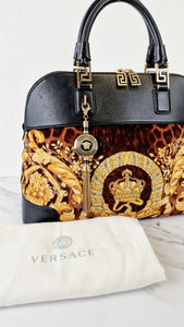 Versace Vanitas Athena Bag with Leopard Baroque Velour Velvet Crown Print - Handbag with Black Smooth Leather and Medusa charm