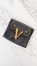 Load image into Gallery viewer, Versace Virtus Western Stud Flap Bag Clutch With Gold Chain in Black Smooth Leather - Crossbody Shoulder Bag 
