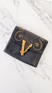 Versace Virtus Western Stud Flap Bag Clutch With Gold Chain in Black Smooth Leather - Crossbody Shoulder Bag 
