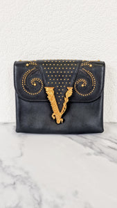 Versace Virtus Western Stud Flap Bag Clutch With Gold Chain in Black Smooth Leather - Crossbody Shoulder Bag 