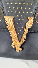 Load image into Gallery viewer, Versace Virtus Western Stud Flap Bag Clutch With Gold Chain in Black Smooth Leather - Crossbody Shoulder Bag 
