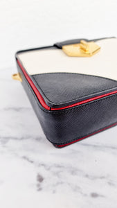 Prada Turnlock Satchel Bicolor Crossbody Bag in Black, White & Red Saffiano Leather - Prada BR5045