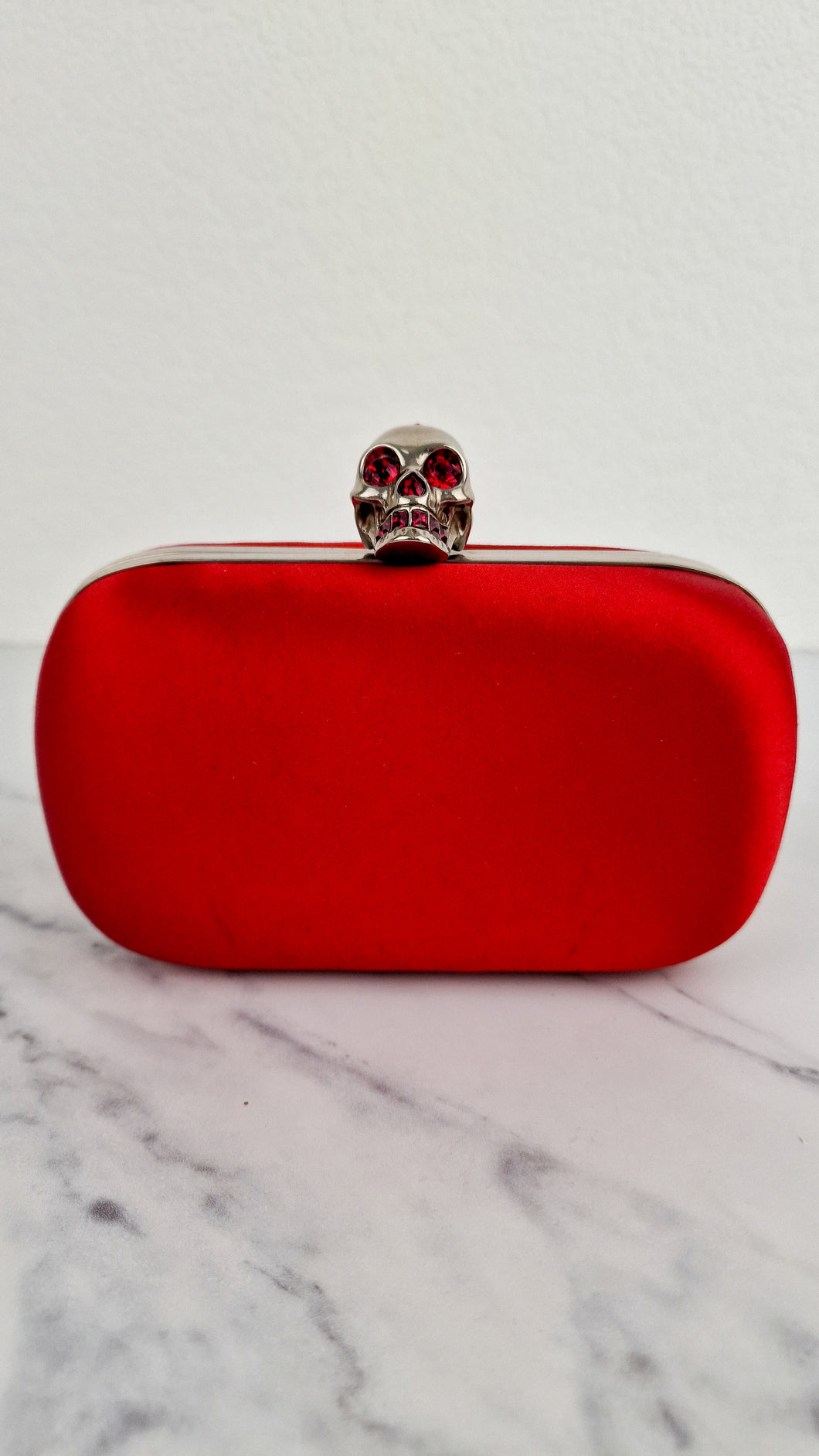 Alexander McQueen Skull Box Clutch Red Satin Heart Swarovski Crystals - Limited Edition Valentines Christmas Bag