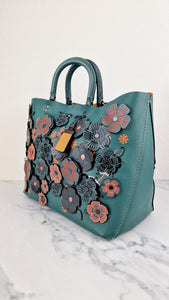 Coach 1941 Rogue Tote Bag with Linked Tea Rose Appliqué in Dark Turquoise Green Leather - Coach 87378