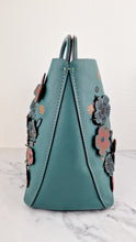 Load image into Gallery viewer, Coach 1941 Rogue Tote Bag with Linked Tea Rose Appliqué in Dark Turquoise Green Leather - Coach 87378
