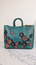 Load image into Gallery viewer, Coach 1941 Rogue Tote Bag with Linked Tea Rose Appliqué in Dark Turquoise Green Leather - Coach 87378
