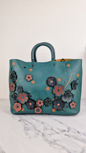 Coach 1941 Rogue Tote Bag with Linked Tea Rose Appliqué in Dark Turquoise Green Leather - Coach 87378