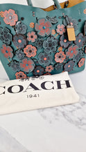 Load image into Gallery viewer, Coach 1941 Rogue Tote Bag with Linked Tea Rose Appliqué in Dark Turquoise Green Leather - Coach 87378
