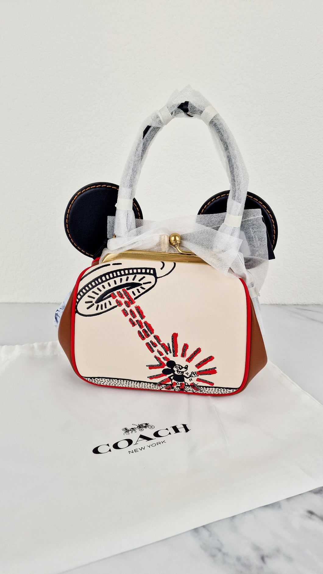 Disney x Coach x Keith Haring Mickey Mouse Kisslock Bag in Smooth Leather With Mickey Mouse and Spaceship Pop Art Crossbody Bag Handbag - Coach 4719
