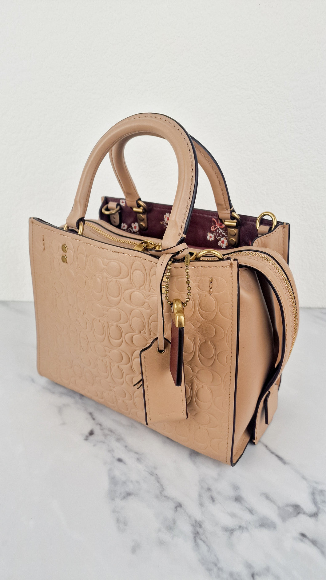 Coach Rogue 25 in Beechwood Signature Embossed Smooth Leather with Burgundy Floral Bow Leather Lining - Coach 26839