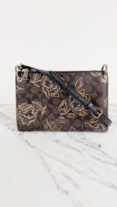 Coach Mia Crossbody Bag in Chestnut Brown Signature Coated Canvas with Metallic Gold and Silver Tulips Flowers - Coach F77982