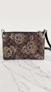 Coach Mia Crossbody Bag in Chestnut Brown Signature Coated Canvas with Metallic Gold and Silver Tulips Flowers - Coach F77982