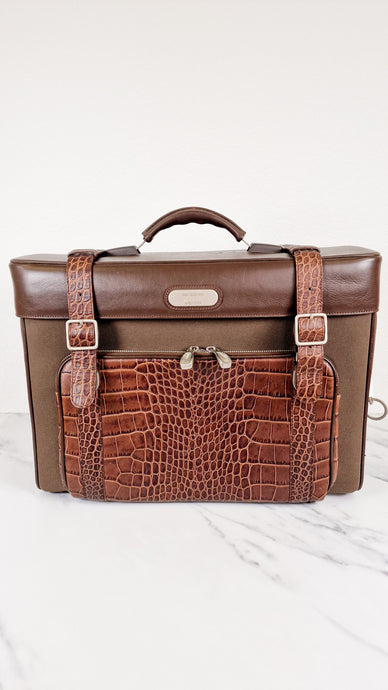 Alexander McQueen x Samsonite Travel Bag Carry-on Luggage with Croc Embossed Brown Leather and Shoulder Strap
