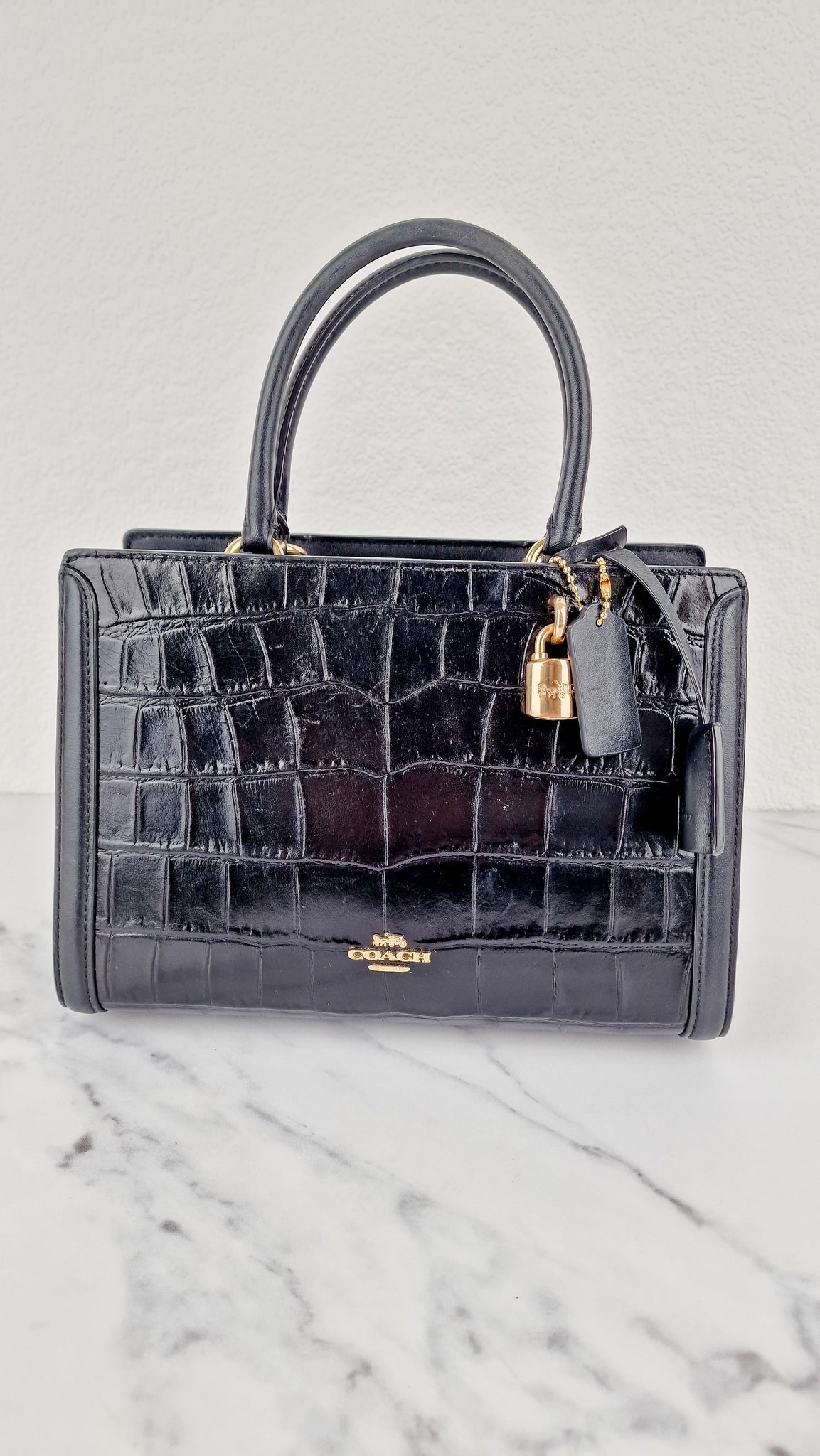 Small Coach Zoe Carryall Handbag in Croc Embossed Black Leather Crossb Essex Fashion House