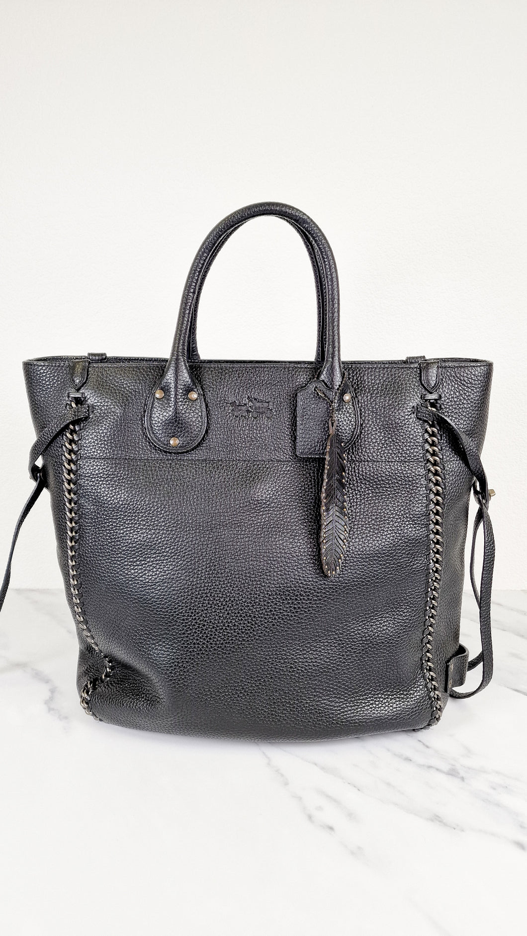Coach Tatum Tall Tote in Black Pebble Leather with Whiplash Detail & Feather Charm - Large Black Shoulder Bag - Coach 33916
