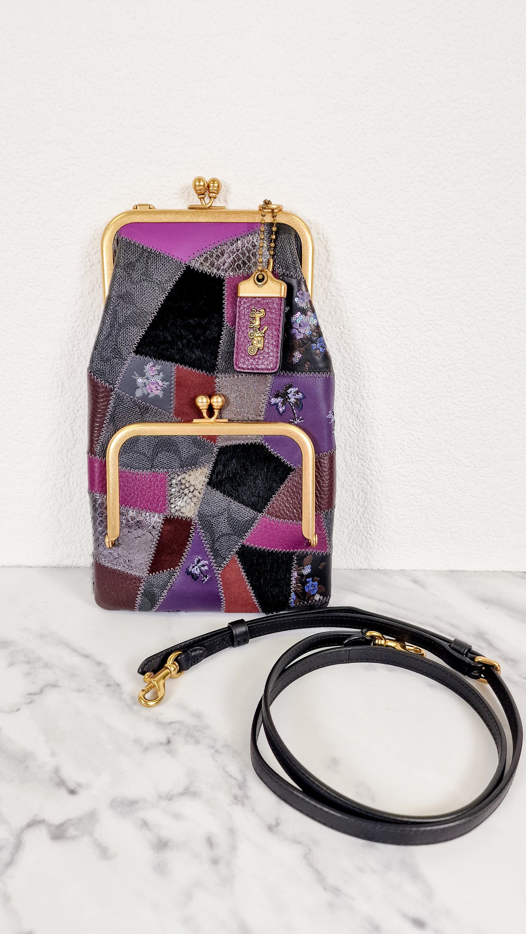 Coach 1941 Double Frame Kisslock Crossbody Bag with Signature Patchwork Purple Leather  - SAMPLE BAG - Coach 72691