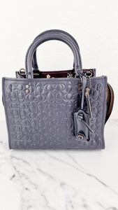 Coach Rogue 25 in Midnight Navy Blue Signature Embossed Smooth Leather with Burgundy Floral Bow Leather Lining - Coach 26839