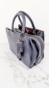Coach Rogue 25 in Midnight Navy Blue Signature Embossed Smooth Leather with Burgundy Floral Bow Leather Lining - Coach 26839