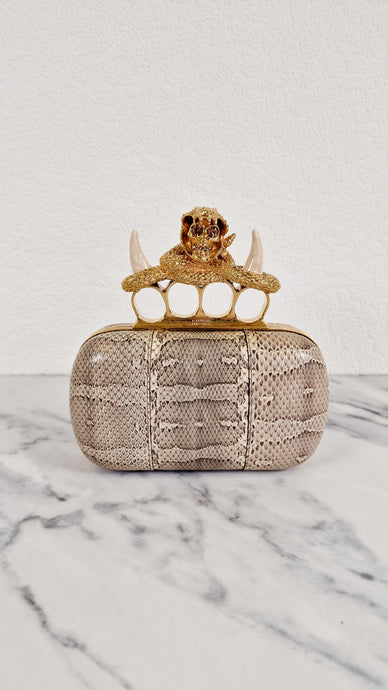 RARE Alexander McQueen Skull Knuckle Box Clutch in Ayers Snakeskin with Gold Serpent & Horns - 287073 000926