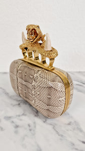 RARE Alexander McQueen Skull Knuckle Box Clutch in Ayers Snakeskin with Gold Serpent & Horns - 287073 000926