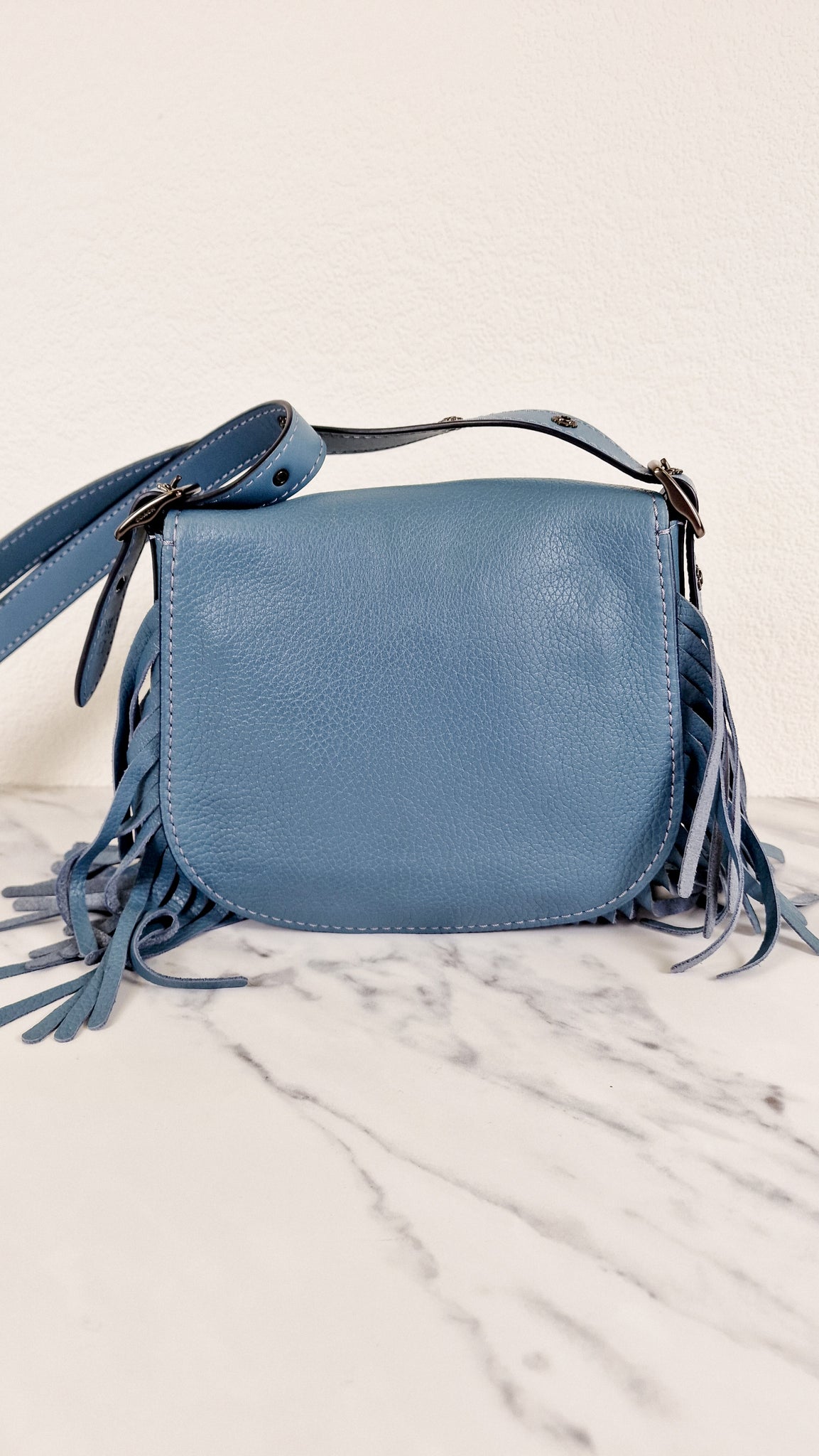 Coach 1941 Saddle 23 with Fringe in Blue Pebbled Leather with Tea