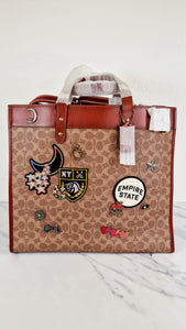 Field Tote 40 in Signature Canvas with Souvenir Patches and Pins Empire State Rexy - Tan Rust Saddle Brown Shoulder Bag Crossbody - Coach C0768