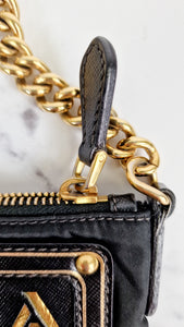 Rare Vintage Prada Black & Gold Tessuto Oro Nylon & Saffiano Leather Cut-Out Logo Crossbody Bag - Prada BT0606