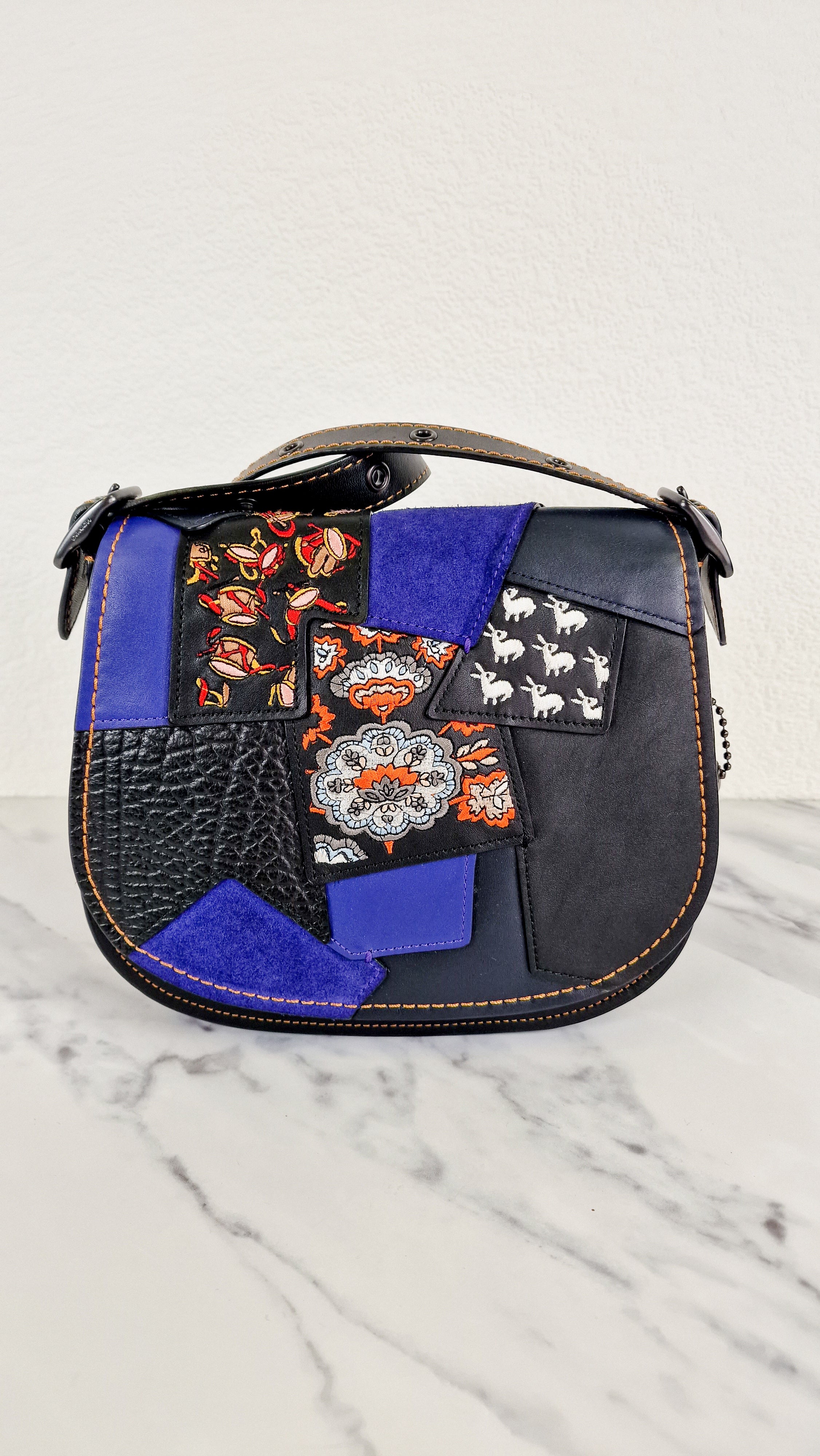 Coach 1941 Saddle 23 Bag in Black Smooth Leather with Patchwork