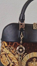 Load and play video in Gallery viewer, RARE Versace Vanitas Athena Bag with Leopard Baroque Velour Velvet Crown Print - Handbag with Black Smooth Leather and Medusa Tassel charm in Gold
