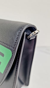 Prada Elektra Crossbody Bag in Black City Calfskin & Saffiano Leather with Green Racing Logo Prada 1BD121 Nero Verde 