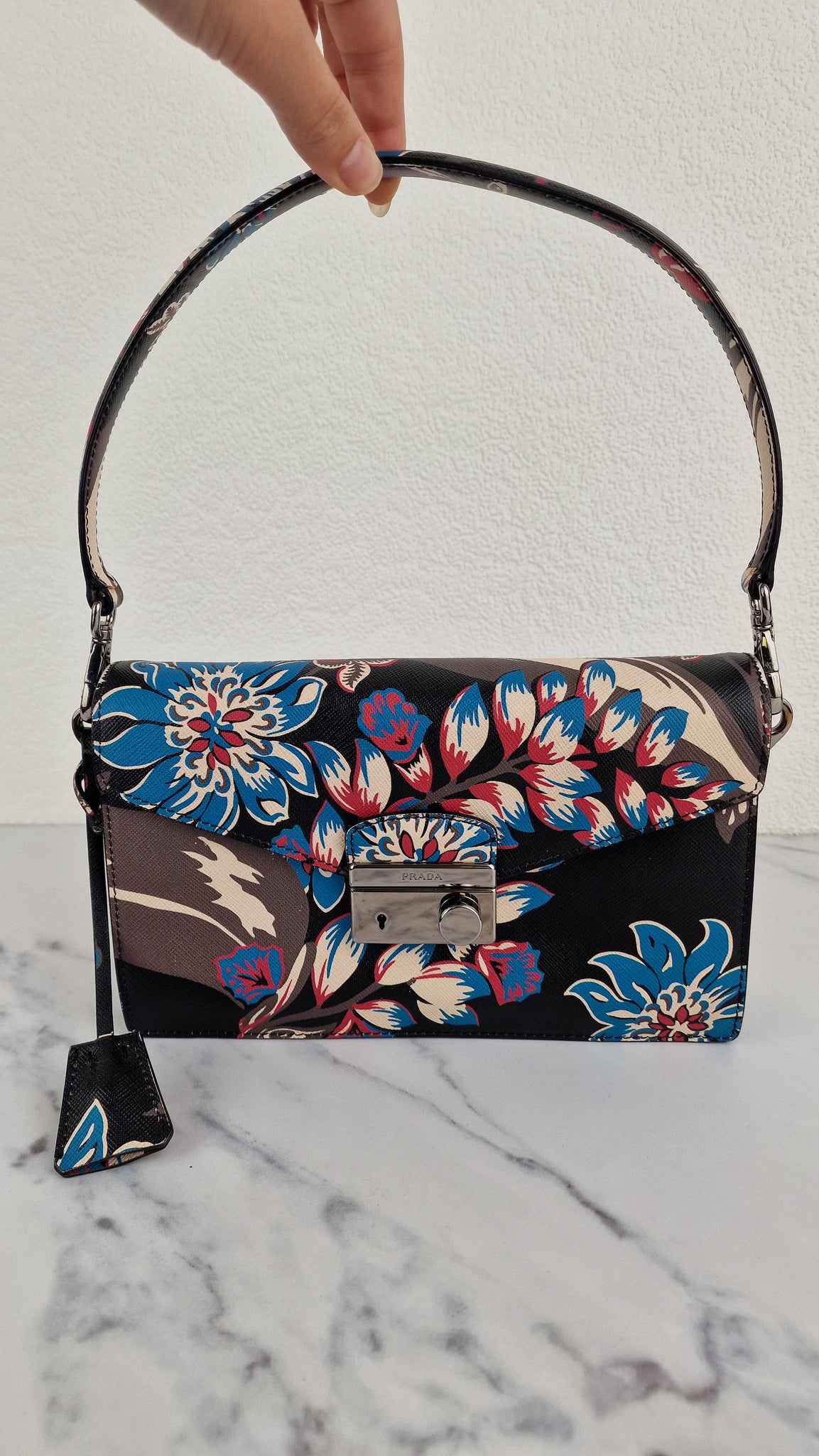 Prada Sound Bag with Floral Print - Black Saffiano Leather with Blue & –  Essex Fashion House