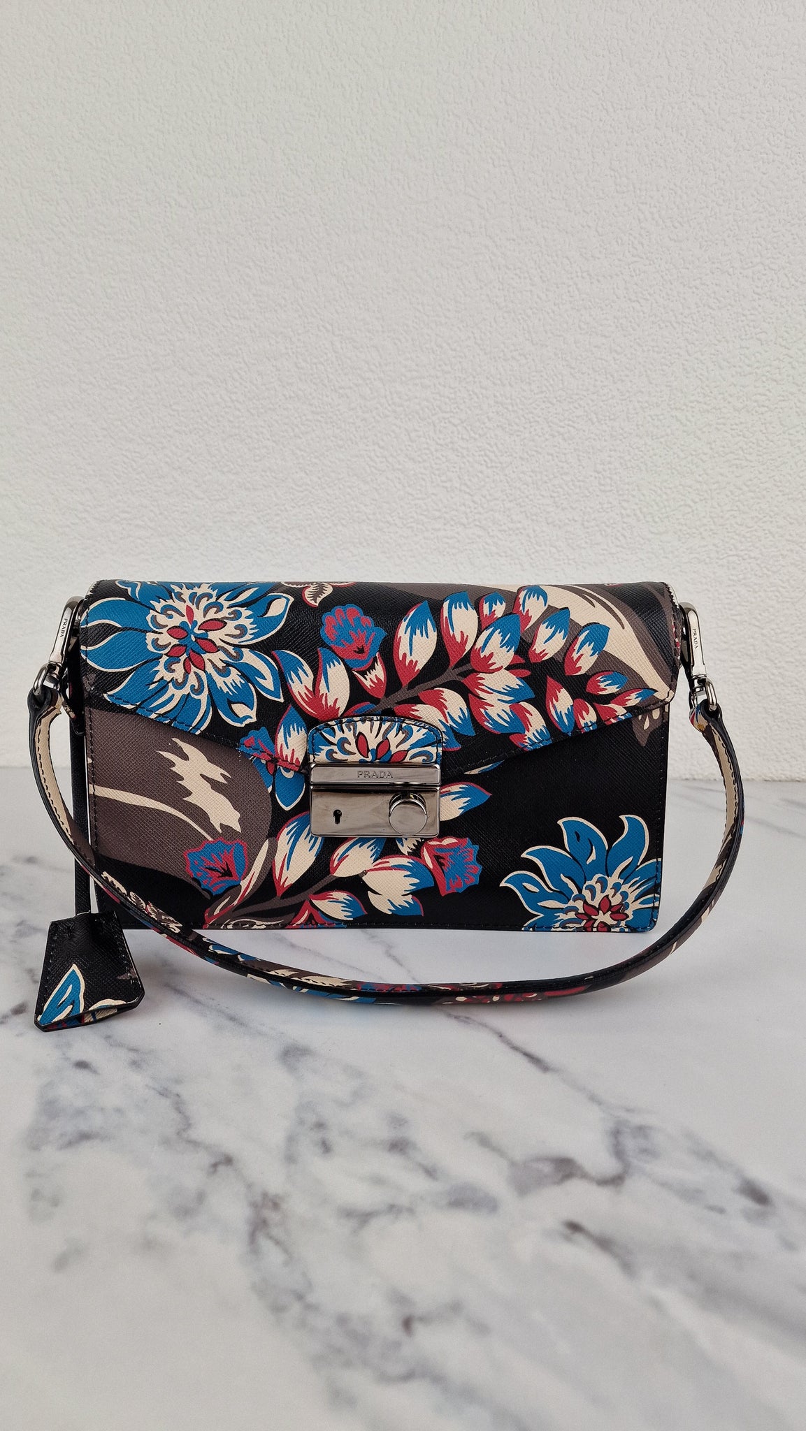 Prada Sound Bag with Floral Print - Black Saffiano Leather with Blue & –  Essex Fashion House