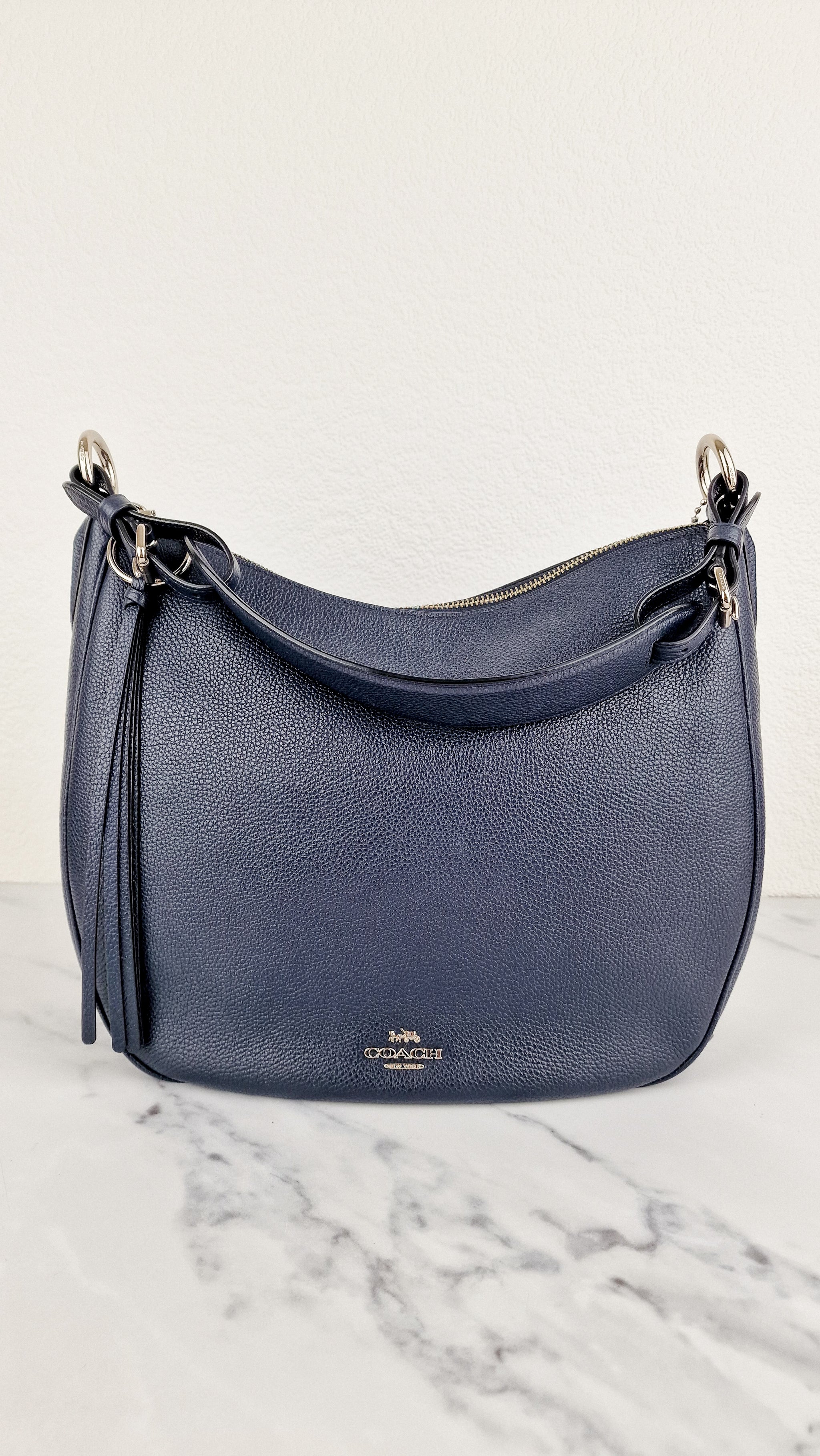 バッグ Coach Accessory Pouch Hobo Flower Navy Coach Navy Blue & Light Blue Rose Flower Leather Satchel