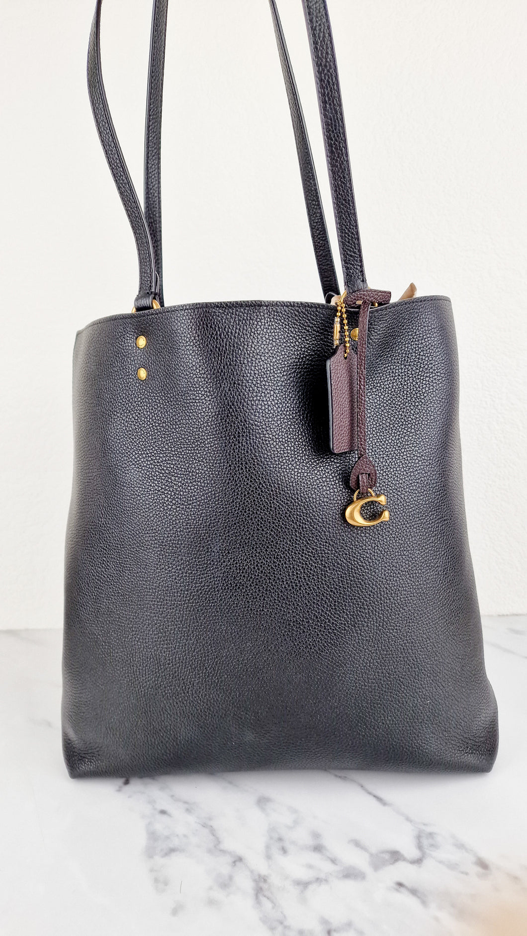 Coach Plaza Tote Bag in Black Pebble Leather with Brass Hardware & Coach C Charm - Coach 88341 