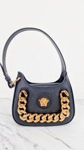 Versace La Medusa Hobo Bag in Black Calf Leather With Gold Chunky Chain & Medusa Head Curved