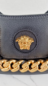 Versace La Medusa Hobo Bag in Black Calf Leather With Gold Chunky Chain & Medusa Head Curved