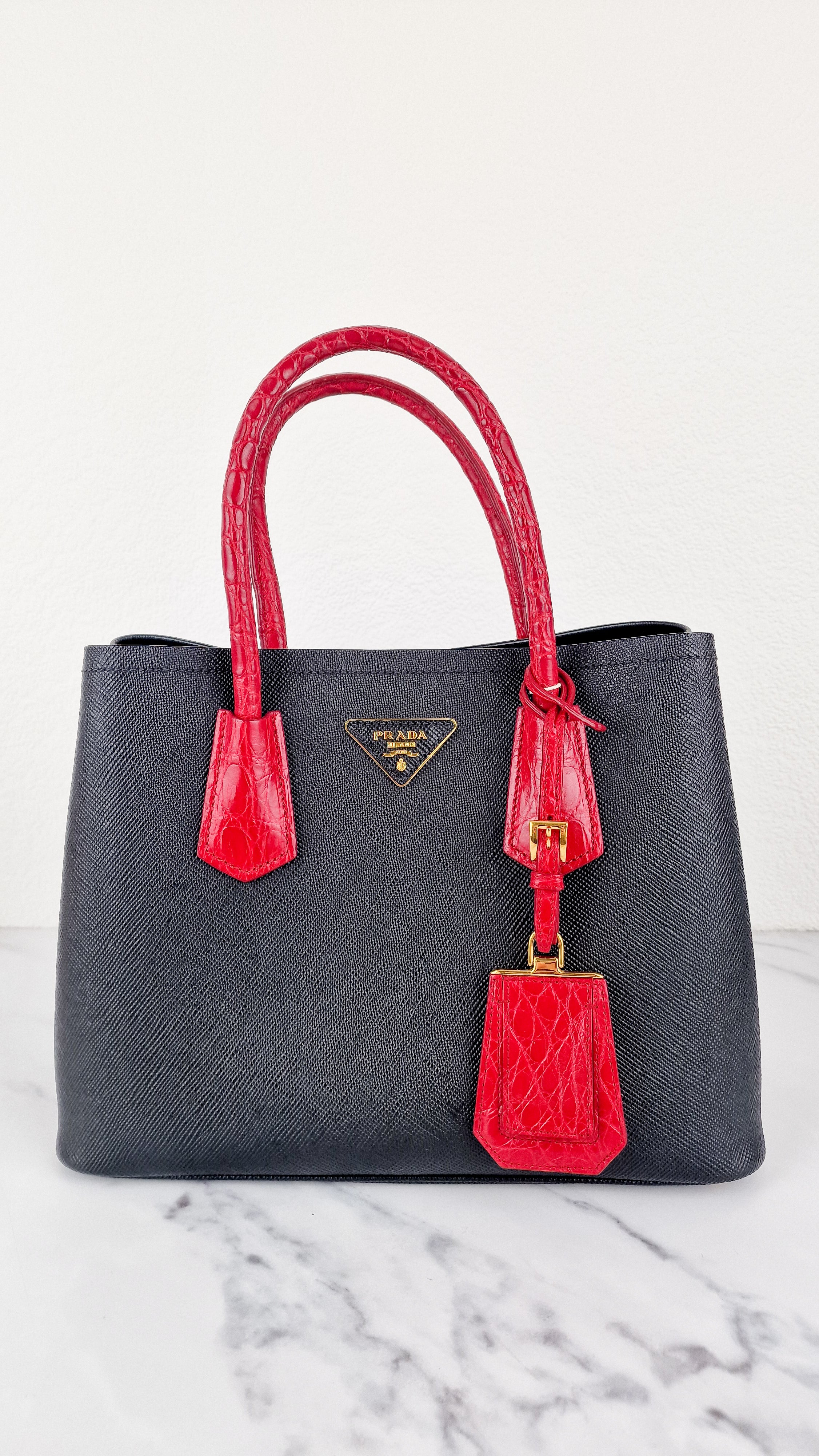 RARE Prada Double Medium Saffiano Cuir Black & Red Crocodile