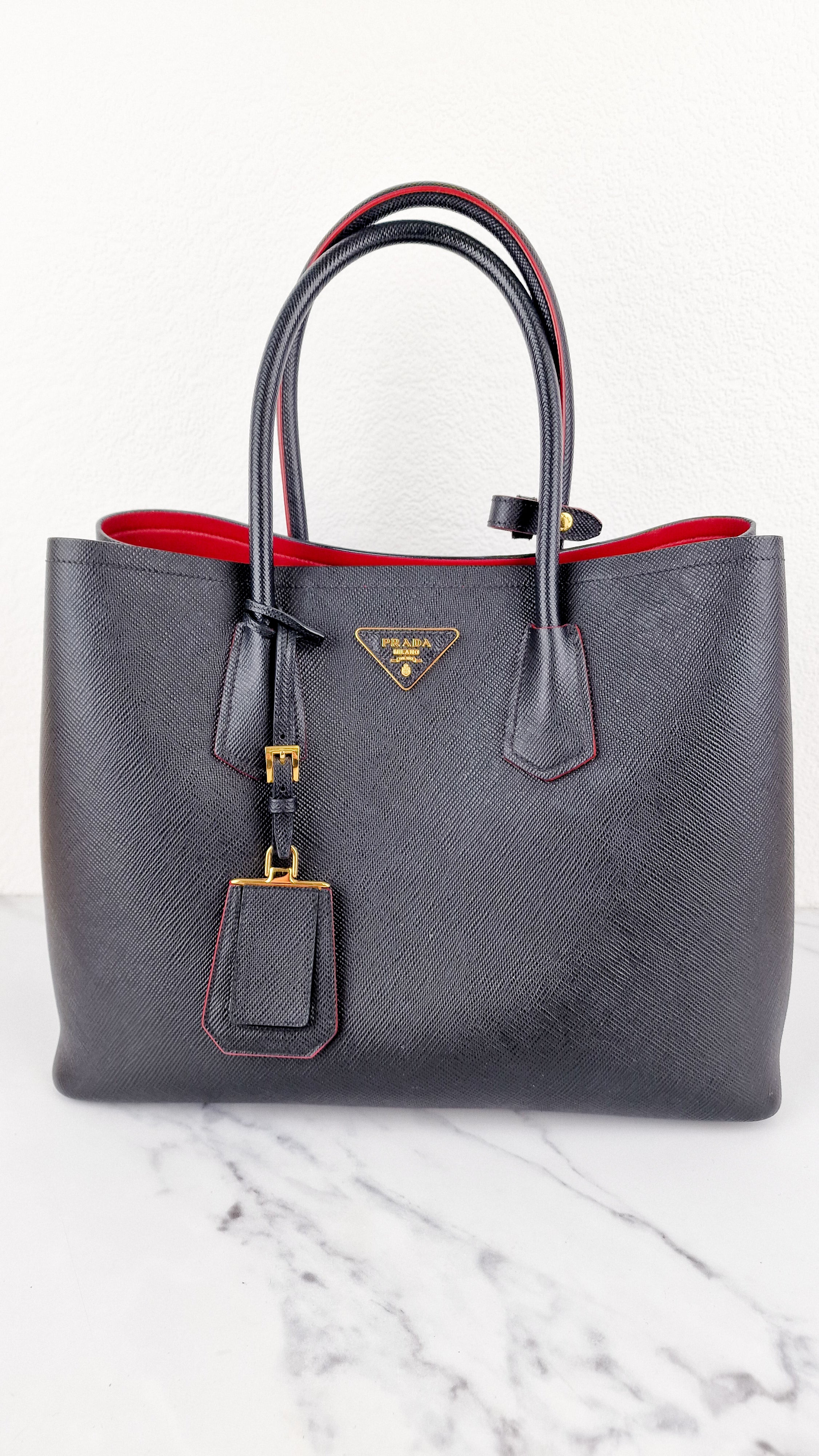 Large Medium Prada Double Tote Saffiano Cuir Black with Fiery Red 