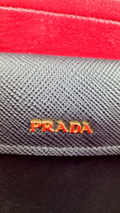 Large Medium Prada Double Tote Saffiano Cuir Black with Fiery Red Nappa Leather Lining Handbag