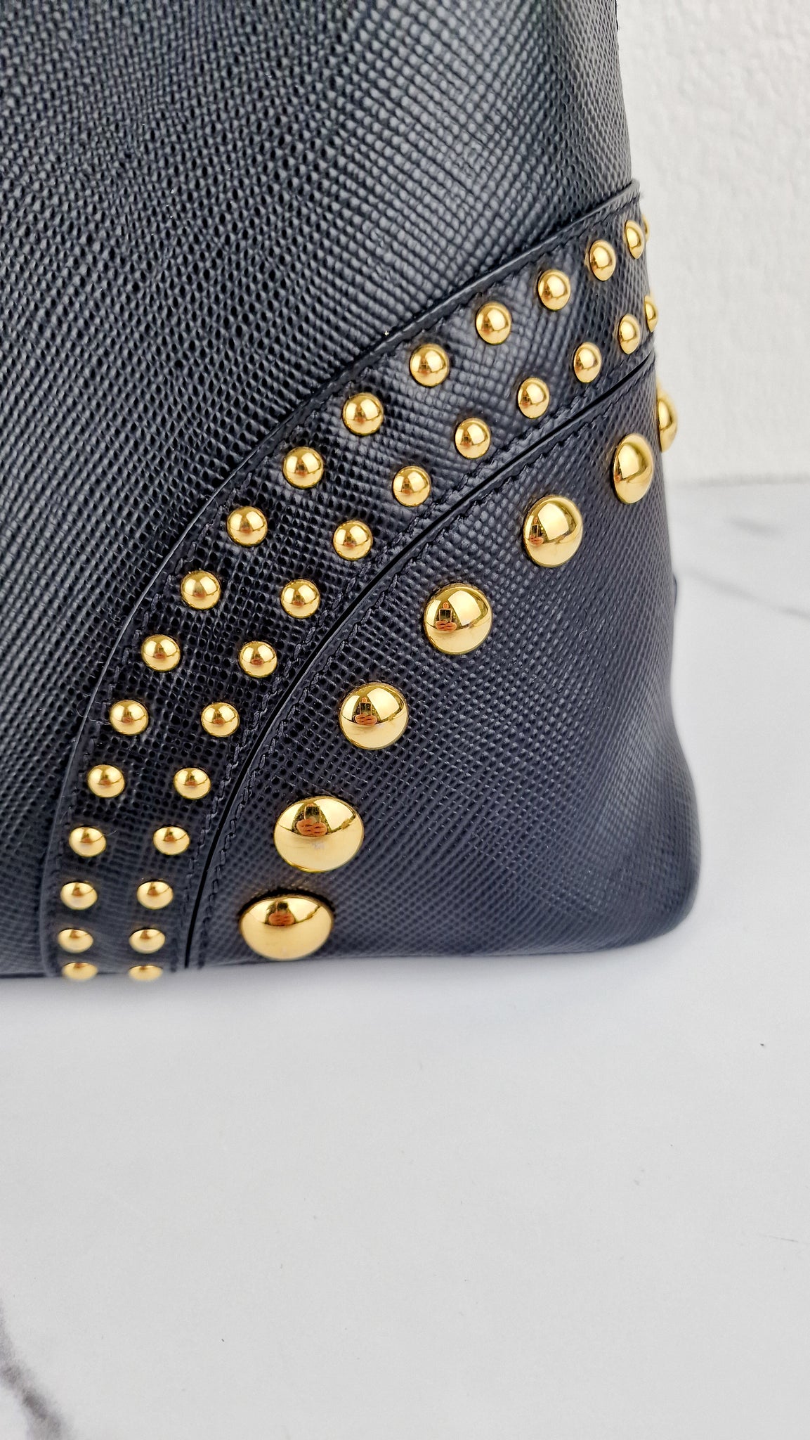 Prada Saffiano Cuir Handbag in Black Leather with Gold Studs - Handbag –  Essex Fashion House